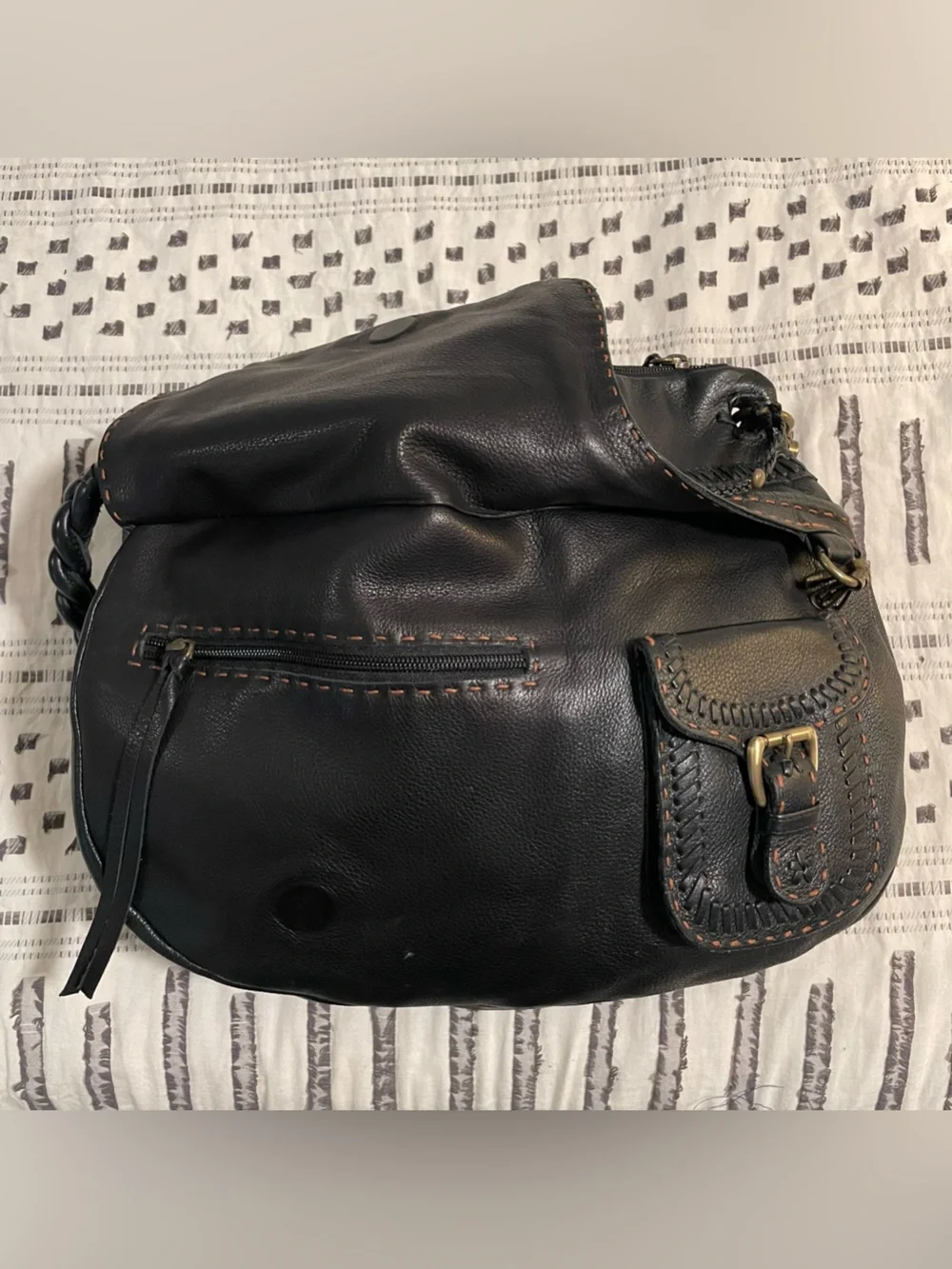 Carla Mancini Handcrafted Black Leather Boho Shoulder Bag with Braided Strap
